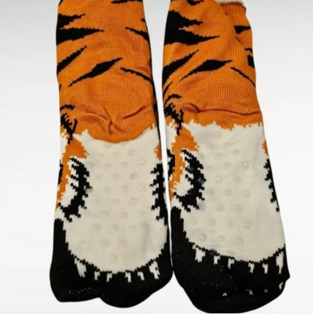 Tiger Sherpa Lined Slipper Socks Non Skid One Size